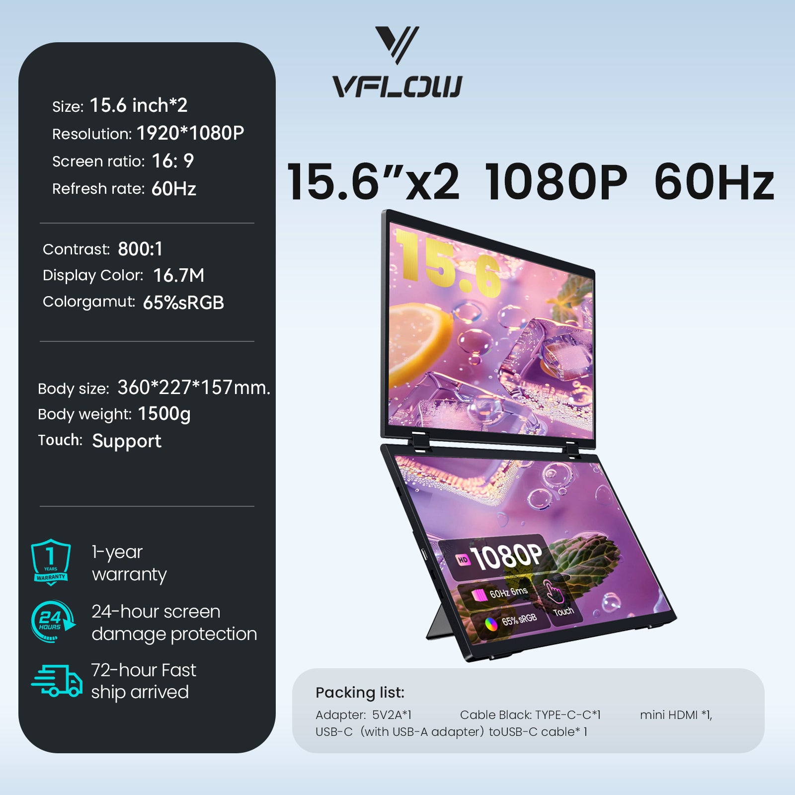 VFLOW Dual Laptop Screen Extender Portable Monitor 14"/15.6"/16 inch 1080P IPS Portable Detachable Triple Monitor for 14-16" Laptops with USB-C Port, Plug and Play, Extender Display.for Windows/Macbook air/Switch/PS5