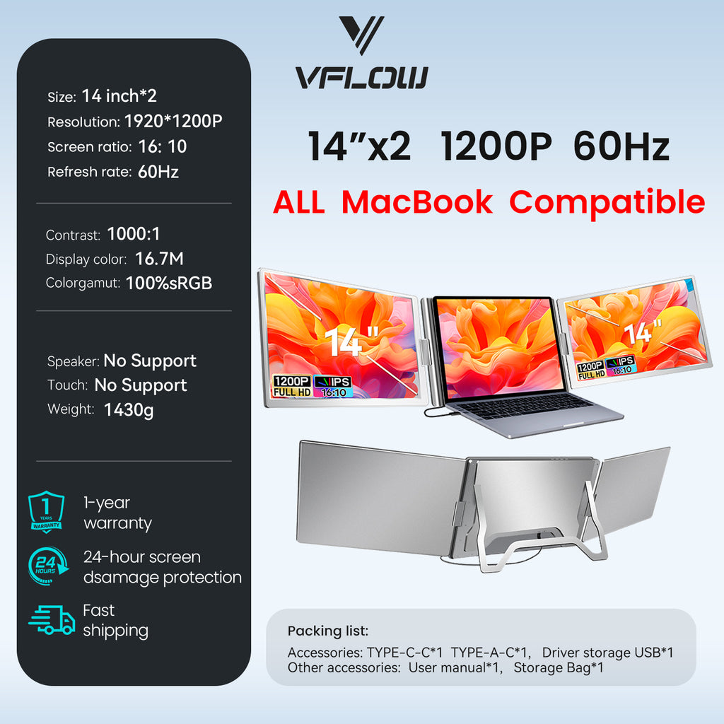 VFLOW Dual Laptop Screen Extender Portable Monitor 14"/15.6"/16 inch 1080P IPS Portable Detachable Triple Monitor for 14-16" Laptops with USB-C Port, Plug and Play, Extender Display.for Windows/Macbook air/Switch/PS5