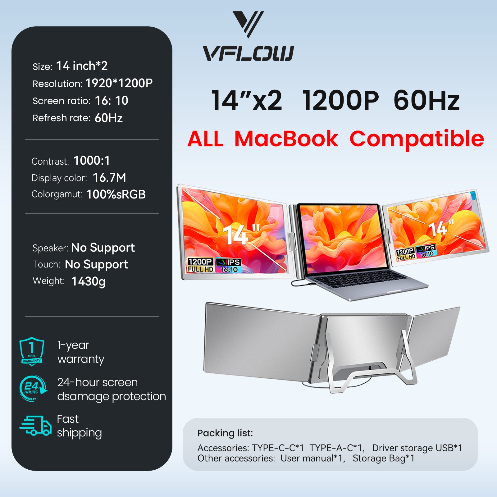 VFLOW Dual Laptop Screen Extender Portable Monitor 14"/15.6"/16 inch 1080P IPS Portable Detachable Triple Monitor for 14-16" Laptops with USB-C Port, Plug and Play, Extender Display.for Windows/Macbook air/Switch/PS5