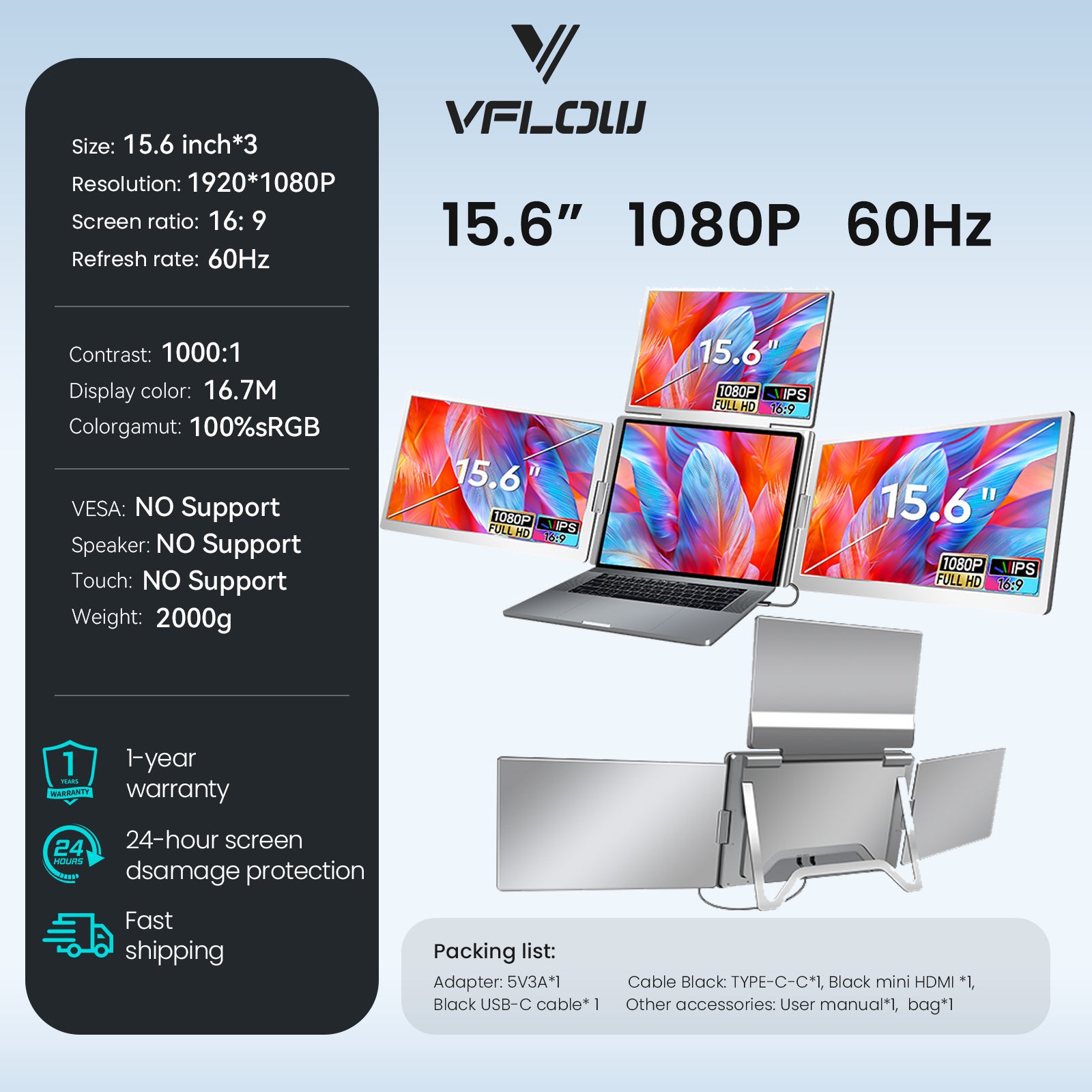VFLOW Dual Laptop Screen Extender Portable Monitor 14"/15.6"/16 inch 1080P IPS Portable Detachable Triple Monitor for 14-16" Laptops with USB-C Port, Plug and Play, Extender Display.for Windows/Macbook air/Switch/PS5