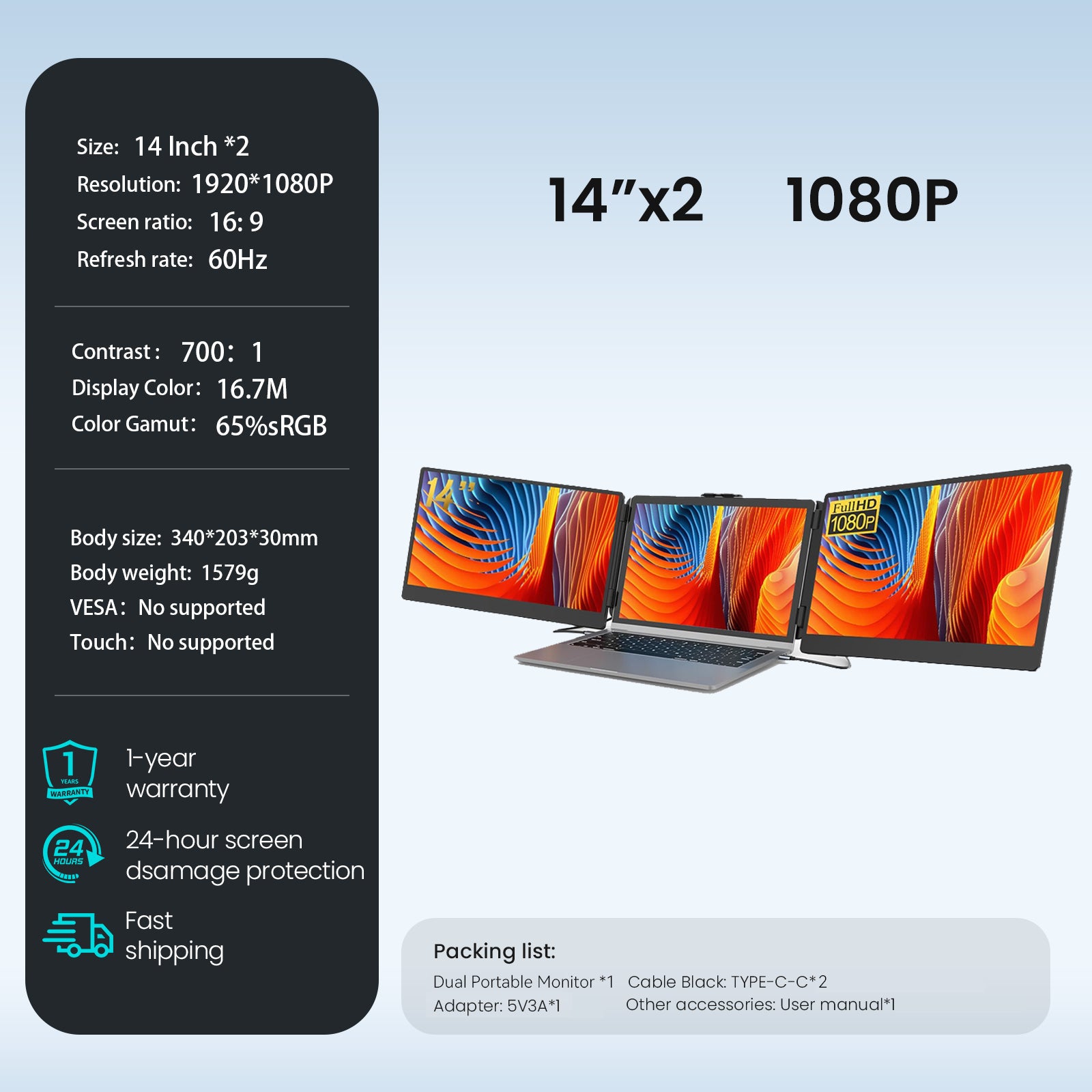 VFLOW Dual Laptop Screen Extender Portable Monitor 14"/15.6"/16 inch 1080P IPS Portable Detachable Triple Monitor for 14-16" Laptops with USB-C Port, Plug and Play, Extender Display.for Windows/Macbook air/Switch/PS5