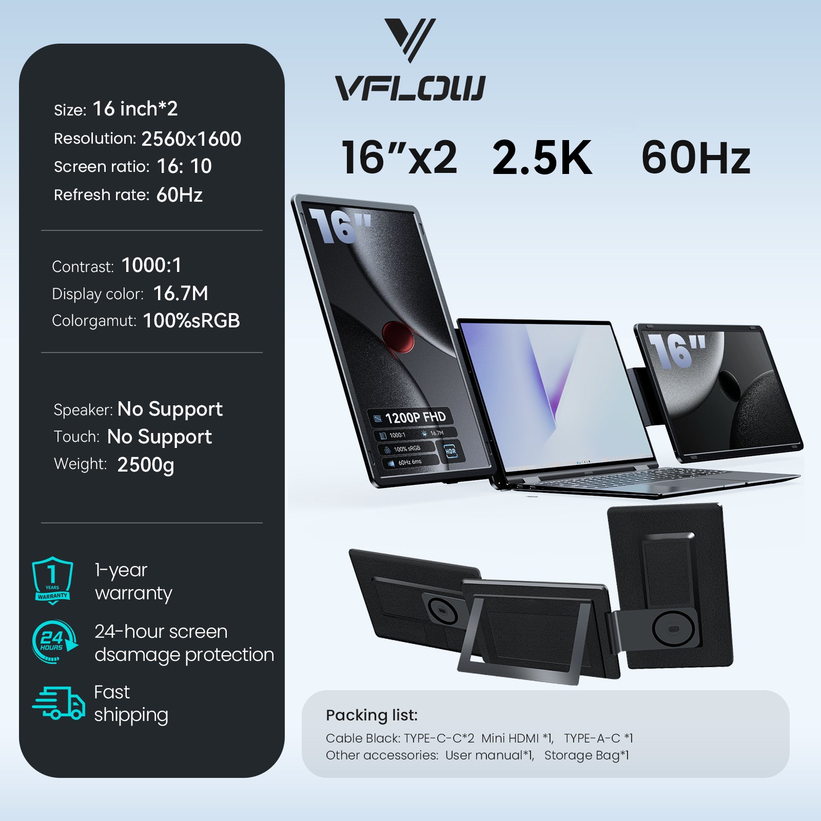 VFLOW Dual Laptop Screen Extender Portable Monitor 14"/15.6"/16 inch 1080P IPS Portable Detachable Triple Monitor for 14-16" Laptops with USB-C Port, Plug and Play, Extender Display.for Windows/Macbook air/Switch/PS5