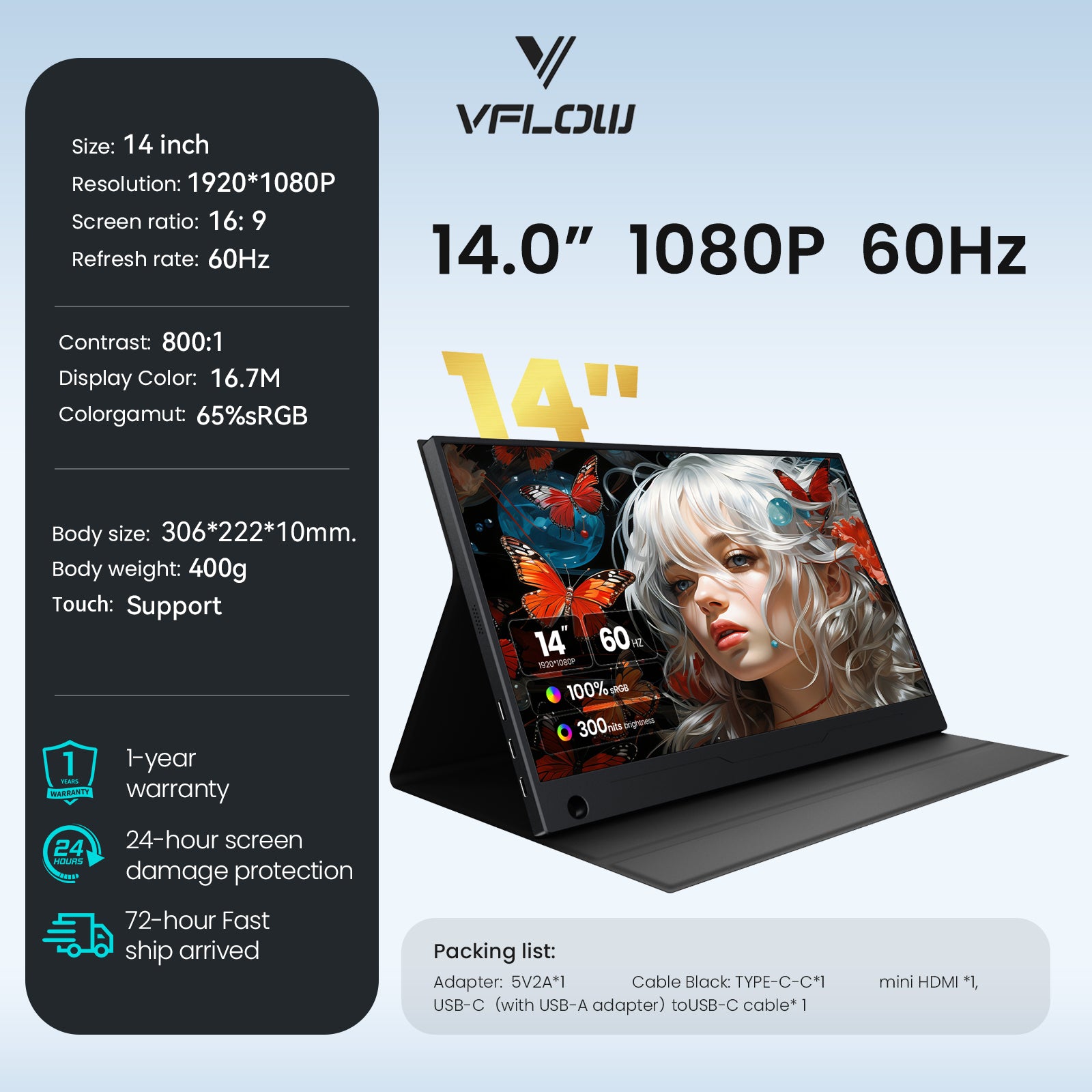 VFLOW Dual Laptop Screen Extender Portable Monitor 14"/15.6"/16 inch 1080P IPS Portable Detachable Triple Monitor for 14-16" Laptops with USB-C Port, Plug and Play, Extender Display.for Windows/Macbook air/Switch/PS5