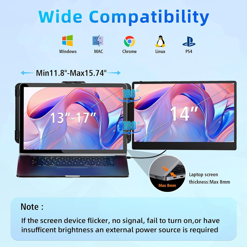 VFLOW Right Single Screen Laptop Extender, 14" 1080P IPS Portable Monitor, Single Cable USB-C Extended Display for 14-16" Laptops, Plug & Play for Windows/Macbook/Switch/PS5